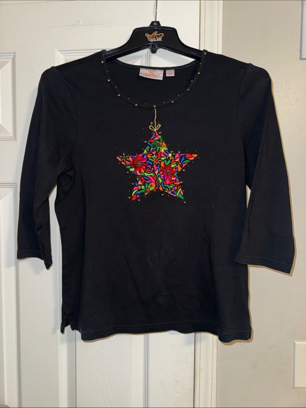 Quacker Factory Black Long Sleeve Top with Multicolor Star Appliqué